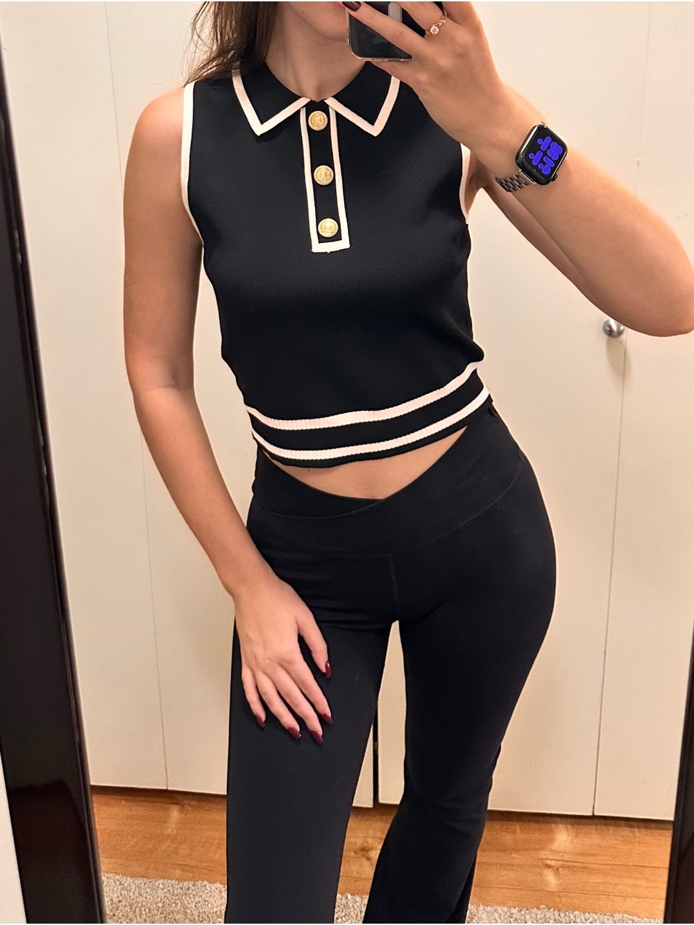 Black Sleeveless Polo Crop Top with Cream Trim